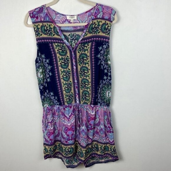 Umgee Jeweltone Print Sleeveless Romper Purple Size Large Bohemian Pockets Boho - Picture 7 of 8